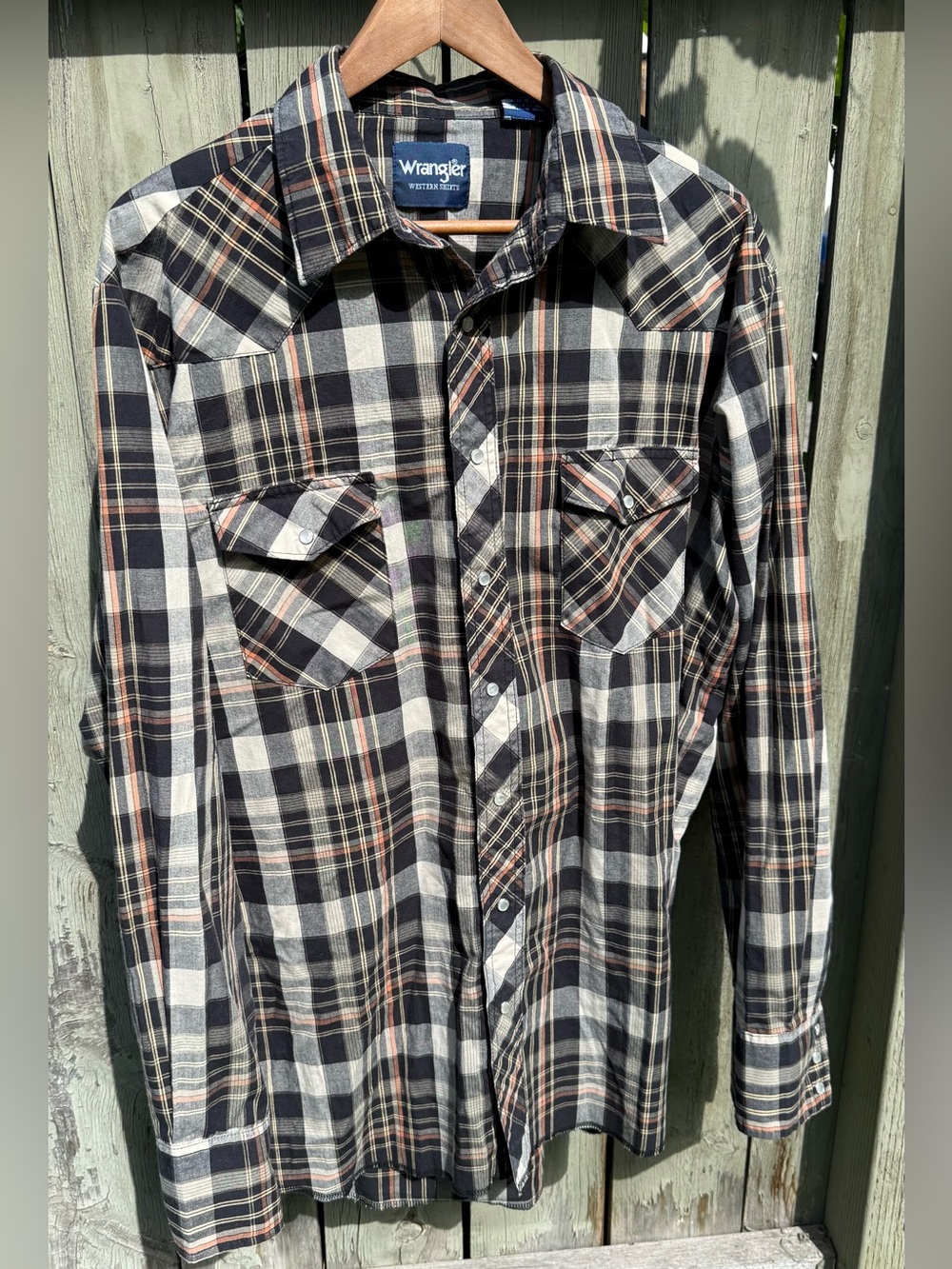 Wrangler Western Shirt Mens XLT Tall Pearl Snap Plaid Long Sleeve Black Orange